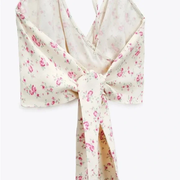 ZARA  CREAM FLORAL TIE HALTER NECK SATIN EFFECT CROP TOP SIZE LARGE - Picture 3 of 11